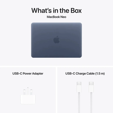 لاب توب ابل ماك بوك نيو، معالج A18 Pro، سداسي النواة CPU/خماسي النواة GPU، جيجابايت 256 SSD، رام 8 جيجابايت، شاشة 13 بوصة، ماك او اس، انديغو -  MHFF4AB/A