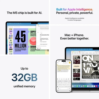 لاب توب ابل ماك بوك اير، معالج M5، عشر النواة CPU/ثماني النواة GPU، جيجابايت 512 SSD، رام 16 جيجابايت، شاشة 13.6 بوصة، ماك او اس، ميدنايت - MDHE4AB/A