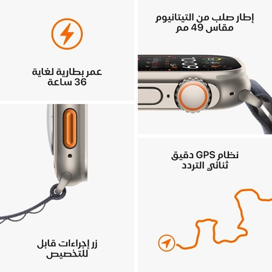 أبل ساعة الترا 2 ، 49 مللي، خاصية الاتصال، جي بي اس، سوار أسود / ازرق
