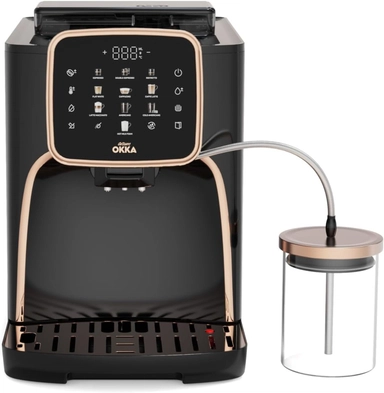ارزوم اوكا صانعة إسبرسو أوتوماتيكية مع نظام حليب مدمج، سعة 1.8 لتر، 1450 واط، أسود ونحاسي – OK0028