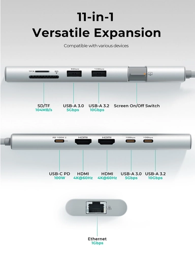 Aukey 10-in-1 USB Hub Adapter, Silver - UH-CUH03-SV