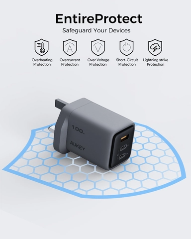Aukey C5 Super Fast Wall Charger, 100W, 1 USB-A / 2 USB-C, Gray - PA-C5-GY