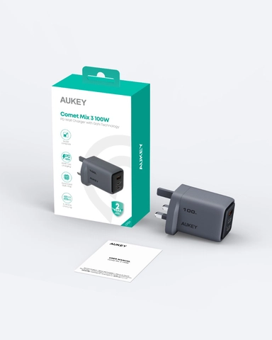 Aukey C5 Super Fast Wall Charger, 100W, 1 USB-A / 2 USB-C, Gray - PA-C5-GY