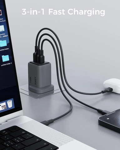 Aukey C5 Super Fast Wall Charger, 100W, 1 USB-A / 2 USB-C, Gray - PA-C5-GY