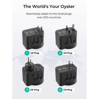 محول السفر Aukey GlobeMate، واط 45، منافذ متعددة USB / تيار متردد، أسود - PA-TA10A-BK