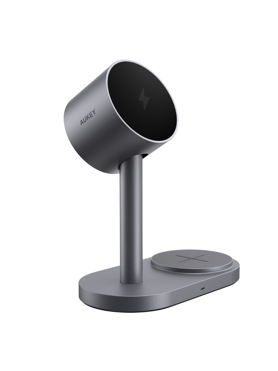 محطة شحن لاسلكية 2 في 1 Aukey MagFusion ،بقدرة 25 واط، رمادي - LC-MC213-GY