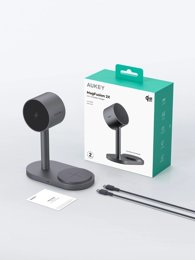 محطة شحن لاسلكية 2 في 1 Aukey MagFusion ،بقدرة 25 واط، رمادي - LC-MC213-GY