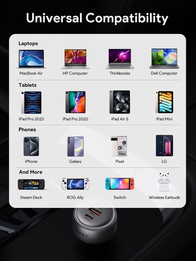 Aukey Pathfinder MIX 3 Car Charger, 100W, USB-C & USB-A, Gray - CC-P3-GY