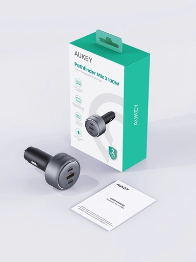 Aukey Pathfinder MIX 3 Car Charger, 100W, USB-C & USB-A, Gray - CC-P3-GY