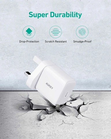 شاحن حائط Aukey PD، واط 30 ، منفذ واحد، USB-C، أبيض – PA-R1P-WH