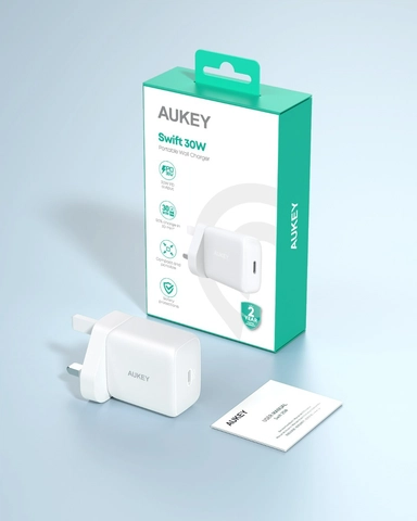 شاحن حائط Aukey PD، واط 30 ، منفذ واحد، USB-C، أبيض – PA-R1P-WH