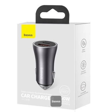 بيسوس جولدن كونتاكتور ماكس شاحن سيارة سريع مزدوج، 60 واط، منفذين USB  + USB-C، رمادي - CGJM000113