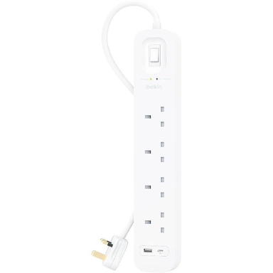 توصيلة كهربائية Belkin، واقية من التيار الكهربائي ، باربع منافذ مزود بمنافذ USB-A و USB-C، بقدرة 18 واط ، ابيض - SRB001ar2M