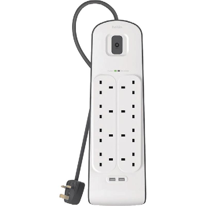توصيلة كهربائية Belkin، التيار بـ 6 منافذ مع منفذي USB –، واقي من زيادة التيار (Surge Protector) ، أبيض - BSV604ar2M