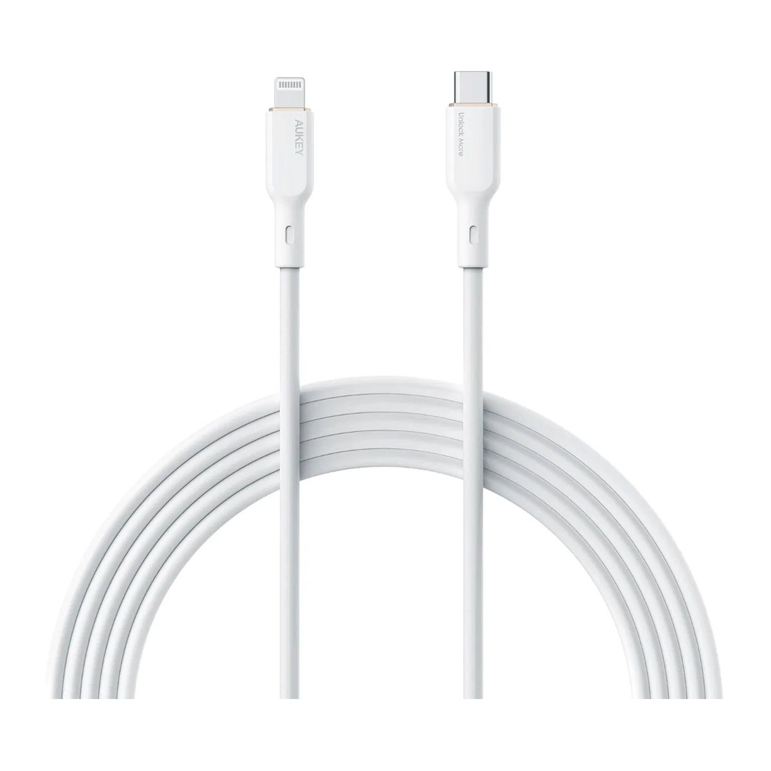 سلك شاحن أوكي سيلكون , USB-C To Lightning  ,  MFI  , بطول 1متر,أبيض