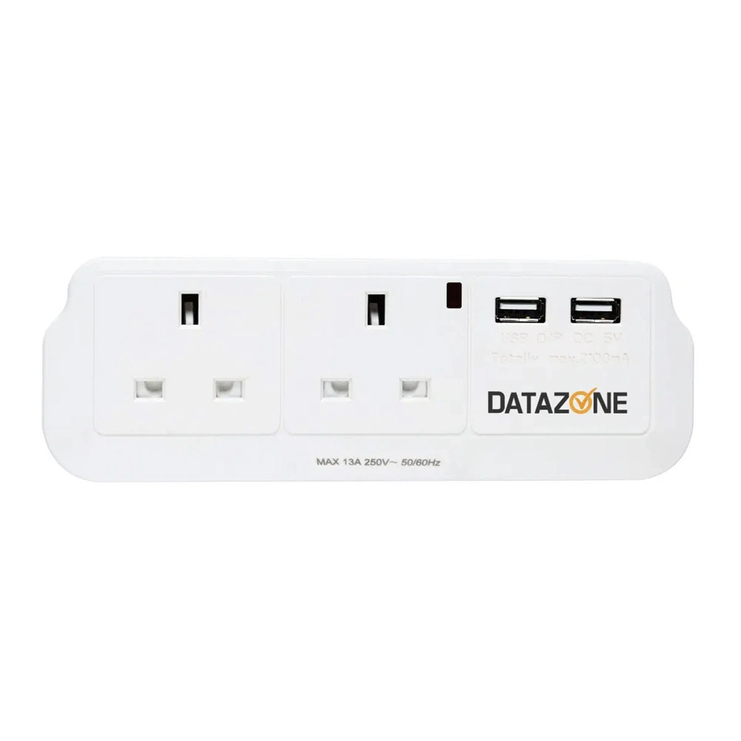 Datazone Power Socket Adapter 2 way With 2-USB Charger White