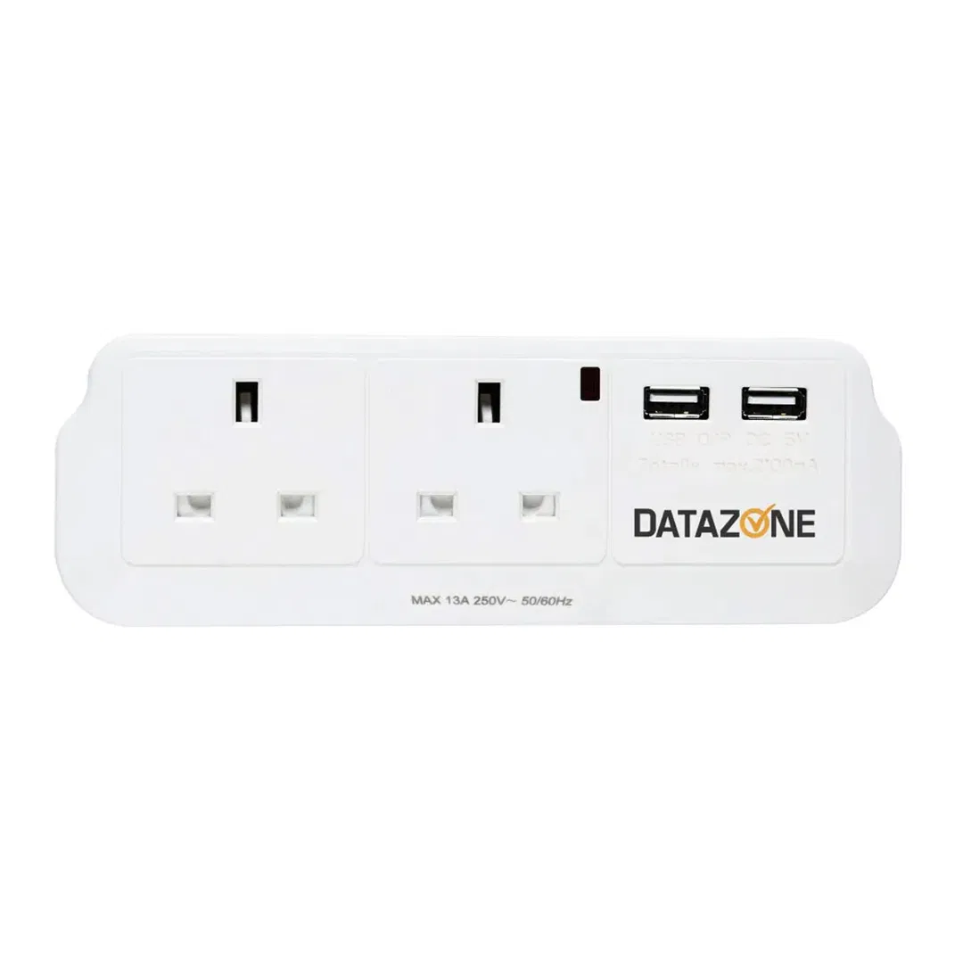 Datazone Power Socket Adapter 2 way With 2-USB Charger White
