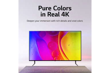 تلفزيون NanoCell من إل جي مقاس 55 بوصة من السلسلة NANO84، مع HDR (النطاق الديناميكي العالي) النشط 4K لتصميمات شاشة السينما والمزود بإمكانية الإعتام المحلي بتقنية AI ThinQ للتلفزيون الذكي بنظام التشغيل WebOS,55NANO846QA