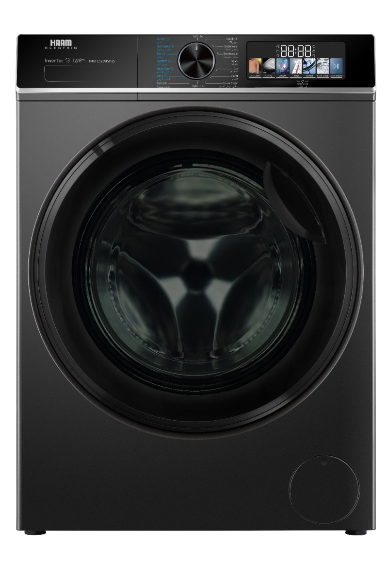 غسالة هام إنفرتر تعبئة أمامية مع نشافة، غسيل 12 كجم / 8 كجم تجفيف 15 برنامج و فضي غامق – HMCFL12D8SH25