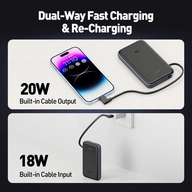 باور بانك جودا , 10,000 مللي أمبير , منفذ واحد (كابل USB‑C مدمج), أسود – PB001ABUN1