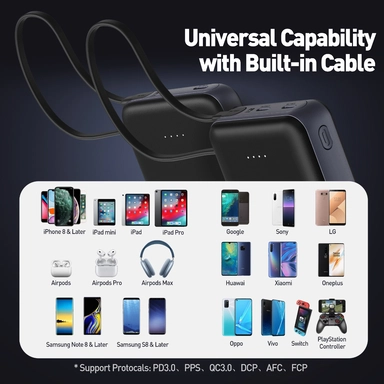 باور بانك جودا , 10,000 مللي أمبير , منفذ واحد (كابل USB‑C مدمج), أسود – PB001ABUN1