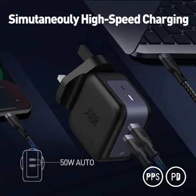 جودا شاحن جداري بقدرة 50 واط ، منفذين يو اس بي سي ، الأسود -WC005ABUK1