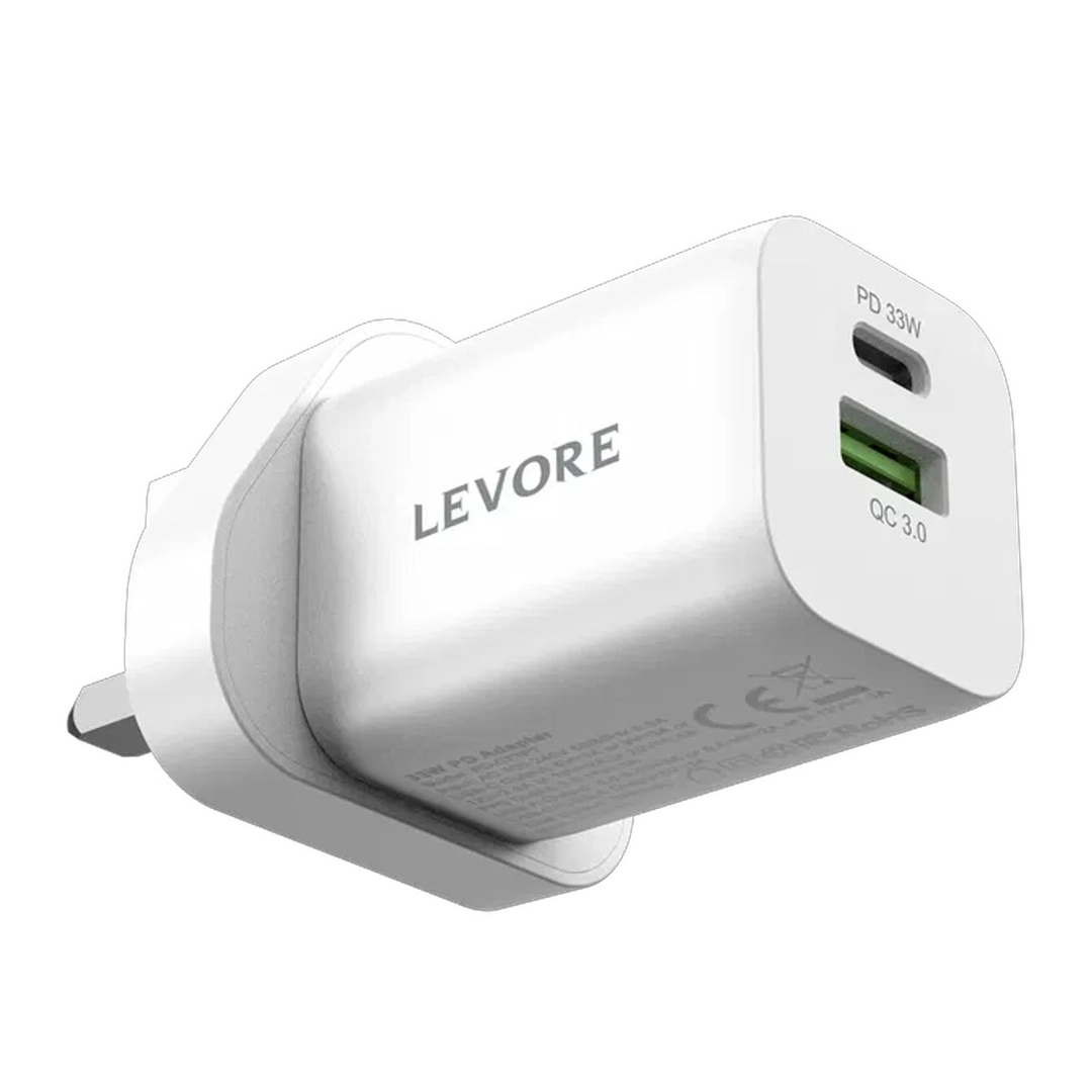 Levore Wall Charger 33W 1XUSBC PD +1XUSBA QC3 Port LGW121-WH