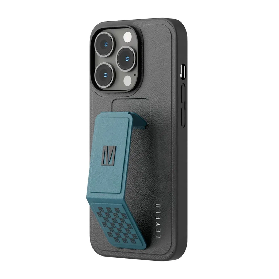 Levelo Morphix Gripstand Iphone 14 Pro PU Leather Case Blue