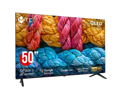 تلفزيون MTC الذكي QLED UHD مقاس 50 بوصة بتقنية جوجل، مزود بجهاز استقبال مدمج وتحكم صوتي، ويتضمن حاملًا جداريًا – QMT50UH700GO
