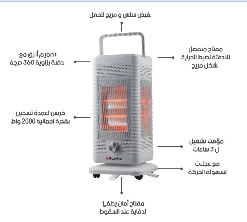 دفاية كهربائية أوكارينا، 5 عناصر تسخين، 2000 واط، أبيض - OCRHTRUQ1860