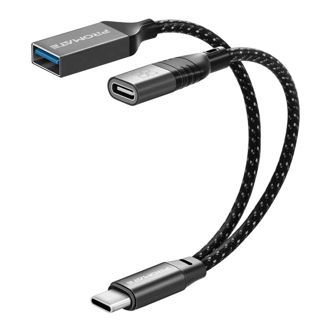 Promate 2-in-1 USB-C OTG Cable With USB-A And USB-C Black
