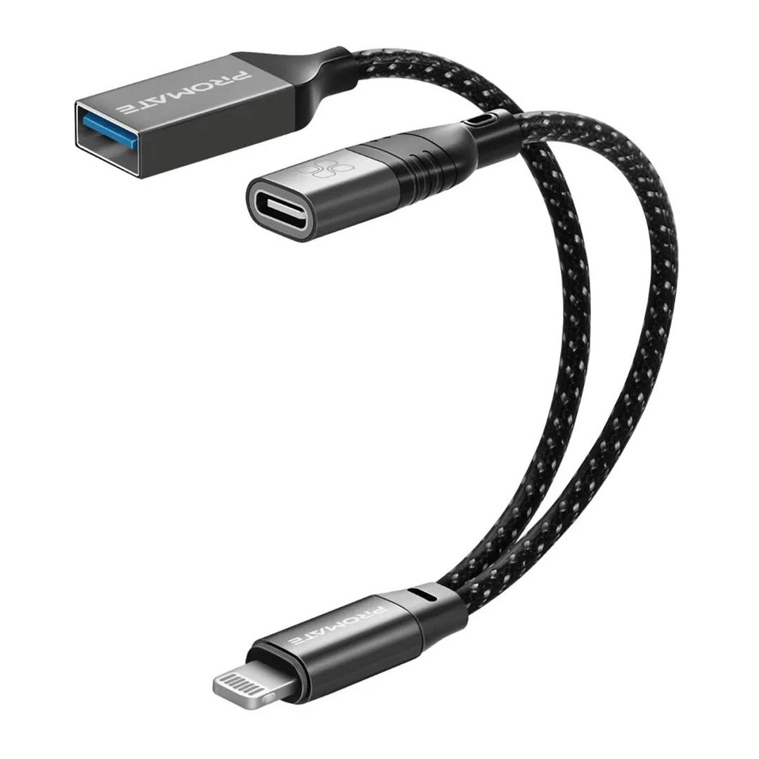 Promate 2-in-1 Lightning OTG Cable with USB-A & USB-C Black