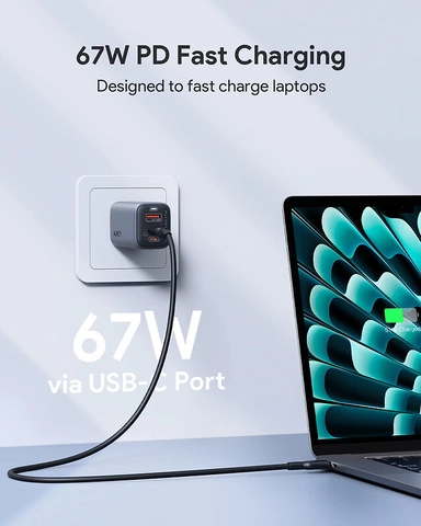 Aukey 3Port 67W PD Wall Charger with GaN Power Tech Gray