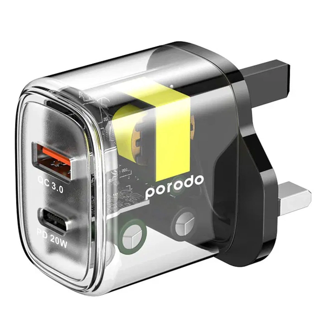 بورودو، شاحن سريع شفاف مزدوج المخرج من بورود 20 وات + شاحن سريع 18 وات، أسود