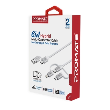 Promate 6-in-1 Hybrid Multi-Connector cable 60W 1.2M White