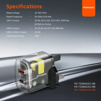 بورودو، شاحن سريع شفاف مزدوج المخرج من بورود 20 وات + شاحن سريع 18 وات، أسود