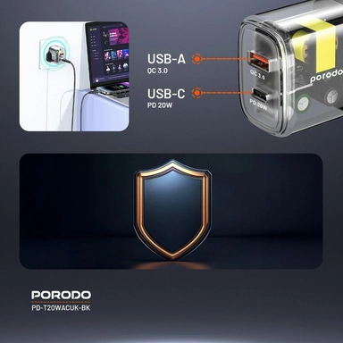 بورودو، شاحن سريع شفاف مزدوج المخرج من بورود 20 وات + شاحن سريع 18 وات، أسود