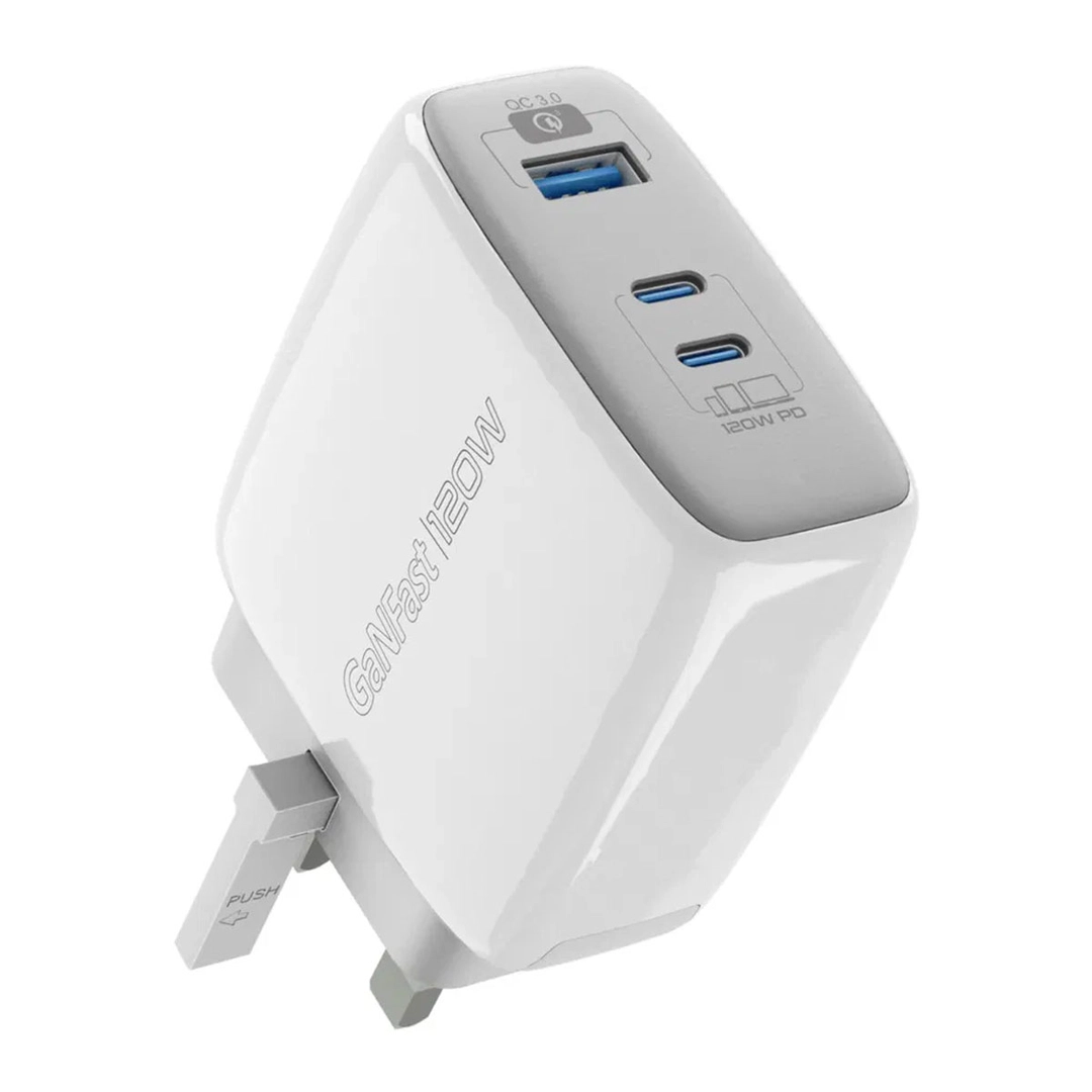 Promate 120W GaN Fast Charger with dual USB-C & USB-A White