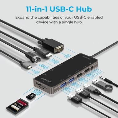بروميت موزع USB-C متعدد المنافذ 11 في 1 فائق السرعة بقدرة 100 وات، أسود