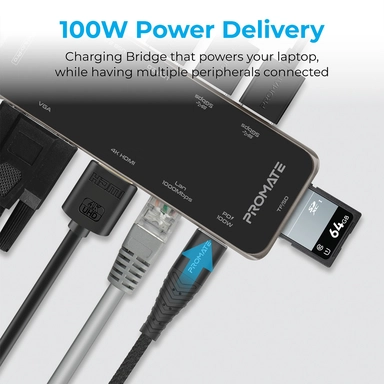 بروميت موزع USB-C متعدد المنافذ 11 في 1 فائق السرعة بقدرة 100 وات، أسود