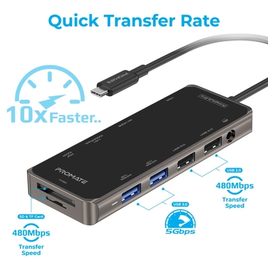 بروميت موزع USB-C متعدد المنافذ 11 في 1 فائق السرعة بقدرة 100 وات، أسود