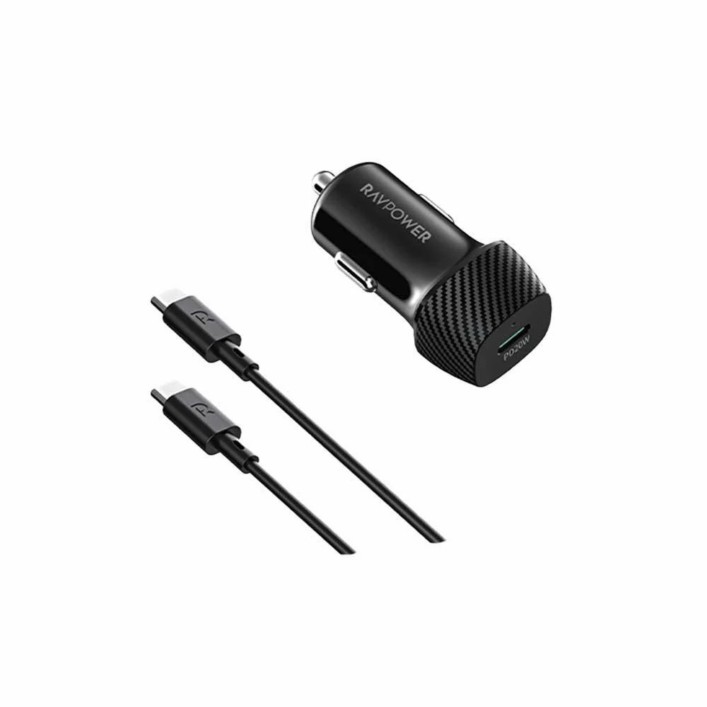 RavPower Car Charger PD Pioneer 20W with C Cable ,20W  , Black - RP-VC1018