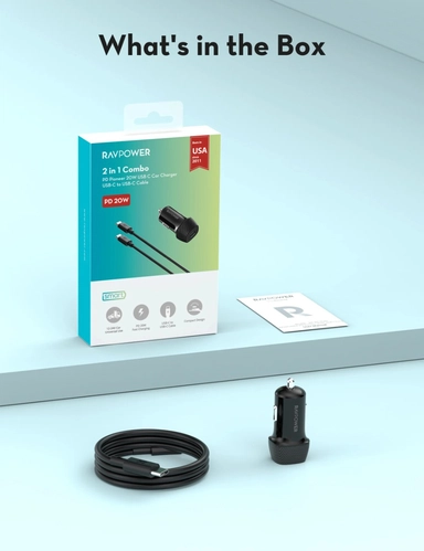 RavPower Car Charger PD Pioneer 20W with C Cable ,20W  , Black - RP-VC1018