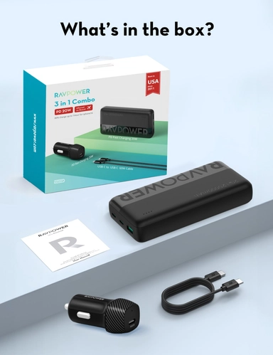 مجموعة شحن راف باور، باور بنك 20000 ملّي أمبير – PB1229 مع شاحن سيارة – VC1017 وكابل USB-C – CB1021 - أسود