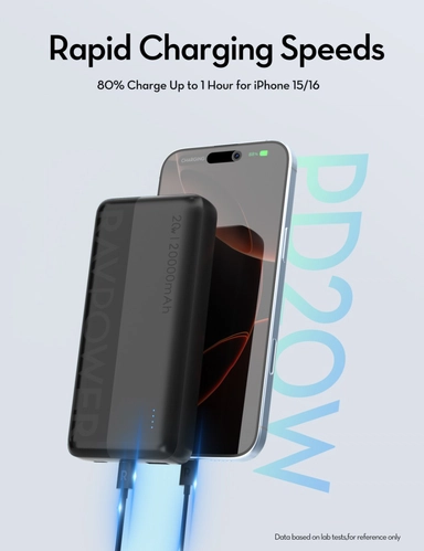 مجموعة شحن راف باور، باور بنك 20000 ملّي أمبير – PB1229 مع شاحن سيارة – VC1017 وكابل USB-C – CB1021 - أسود