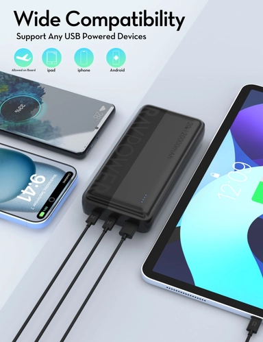 مجموعة شحن راف باور، باور بنك 20000 ملّي أمبير – PB1229 مع شاحن سيارة – VC1017 وكابل USB-C – CB1021 - أسود