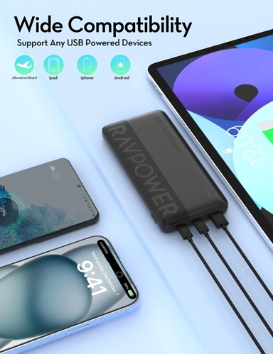 مجموعة باور بنك راف باور، باور بنك 10000 ملّي أمبير – PB1228، وشاحن سيارة – VC1017، وكابل شحن – CB1021، وRP-VC1014 – أسود