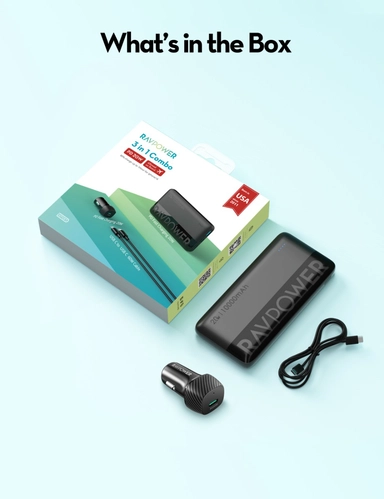 مجموعة باور بنك راف باور، باور بنك 10000 ملّي أمبير – PB1228، وشاحن سيارة – VC1017، وكابل شحن – CB1021، وRP-VC1014 – أسود