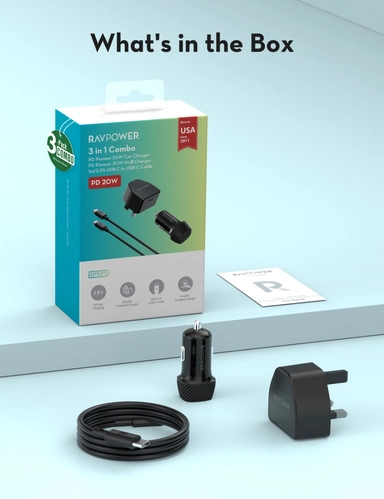 راف باور، شاحن جداري PC1041، شاحن سيارة VC1017، كابل CB1021