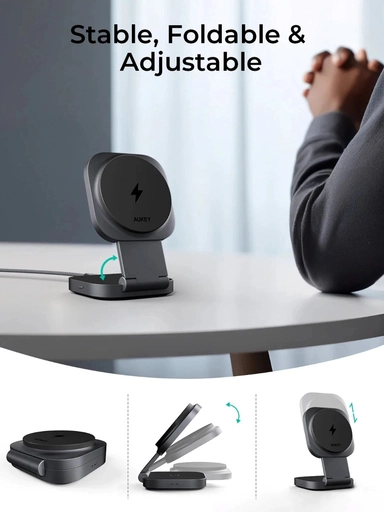 اوكي، شاحن لاسلكي مغناطيسي 2 في 1 قابل للطي، 15 واط, رمادي